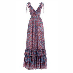 Agua Bendita Cereza Ruffled Bermelo Print Silk Maxi Dress In Blue Women's Small